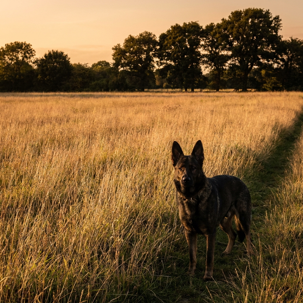 German Shepherd standing inside a wireless dog fence boundary on a large yard - INVIROX