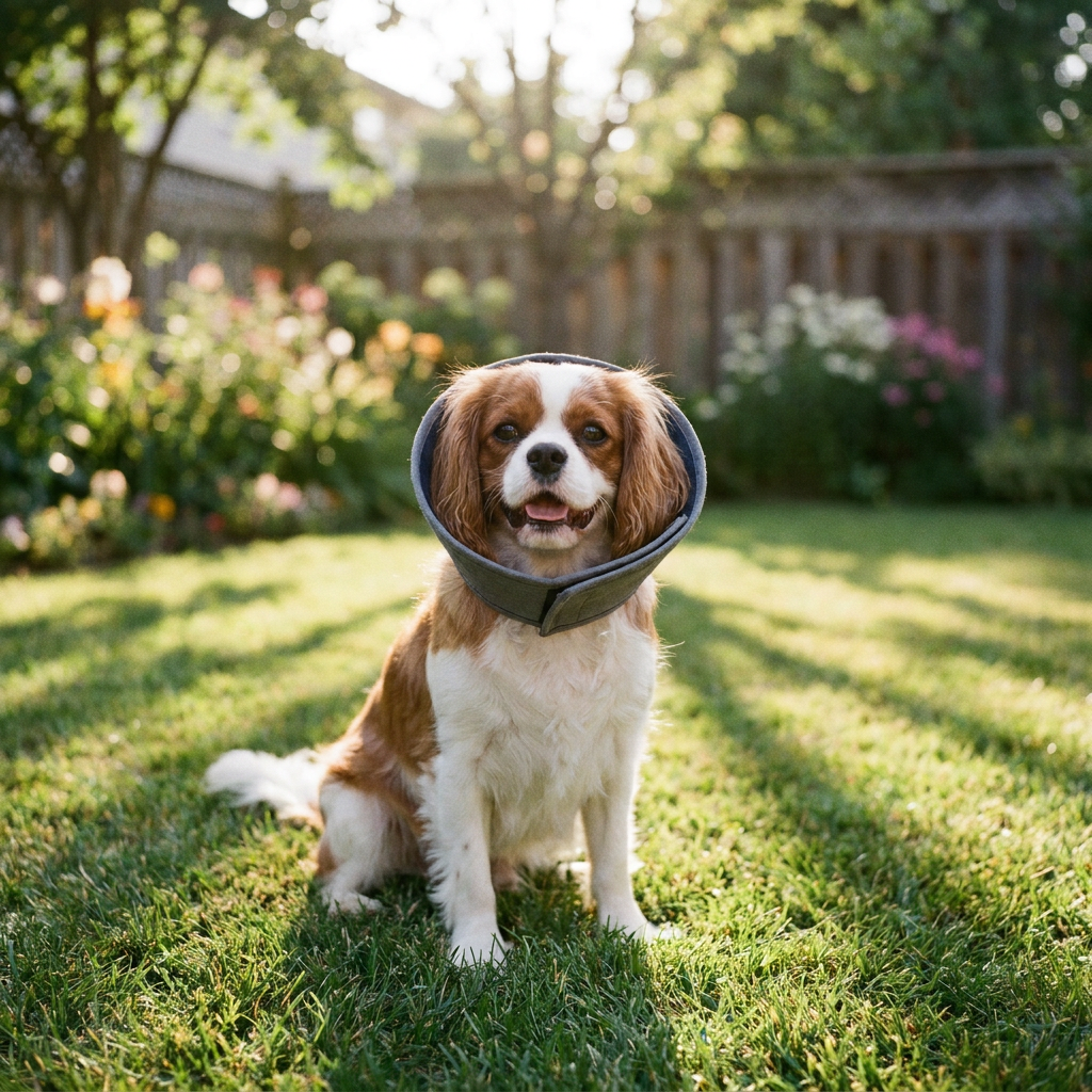 Best e collar for small dogs: a small Cavalier King Charles Spaniel wearing a slim lightweight e-collar - INVIROX DOG TRAINING GEAR