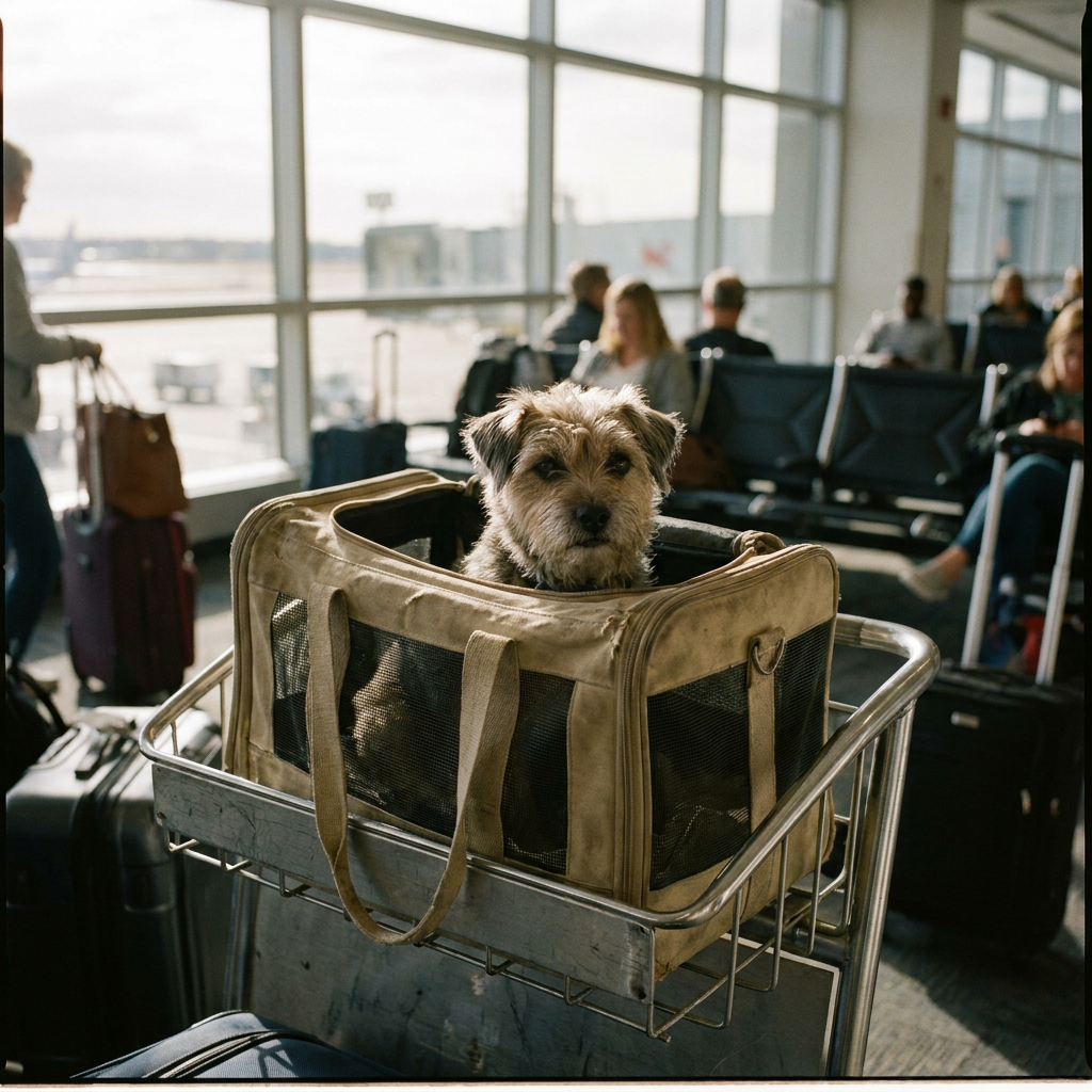 Small dog calm in airline-approved carrier at airport gate