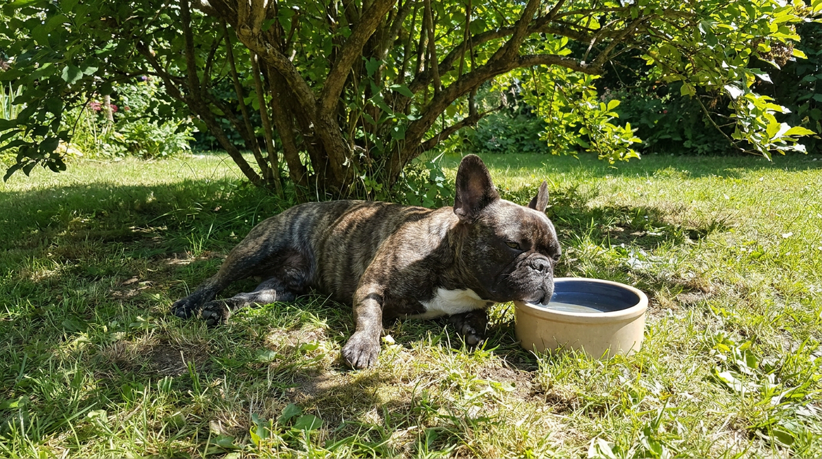 French Bulldog resting in shade beside a water bowl on a hot day