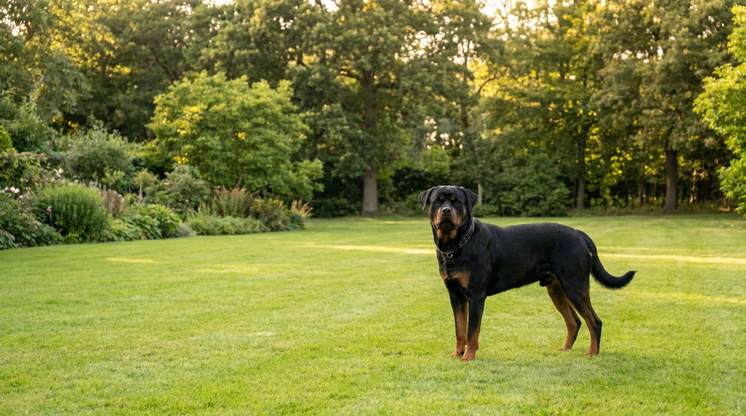 Rottweiler wearing a training collar on a lawn