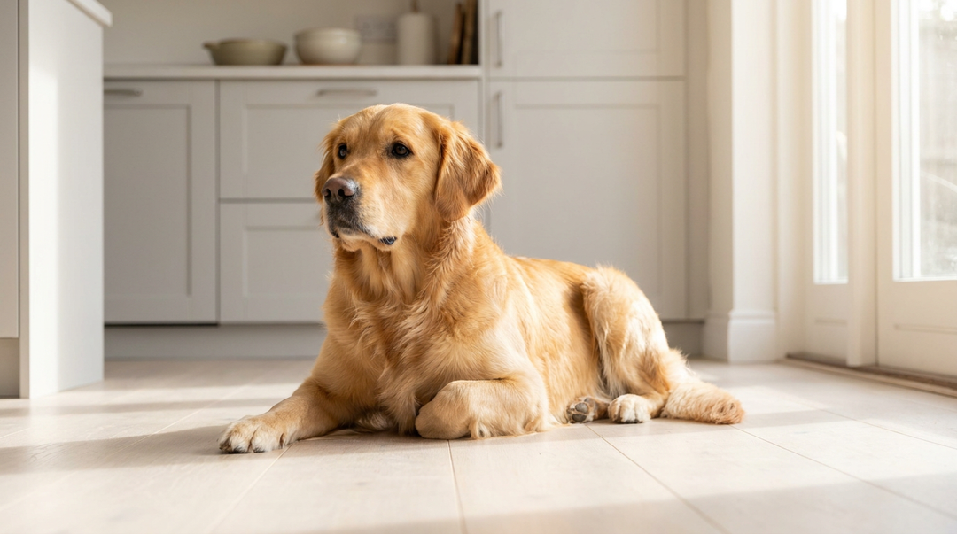 Golden Retriever resting calmly on a kitchen floor