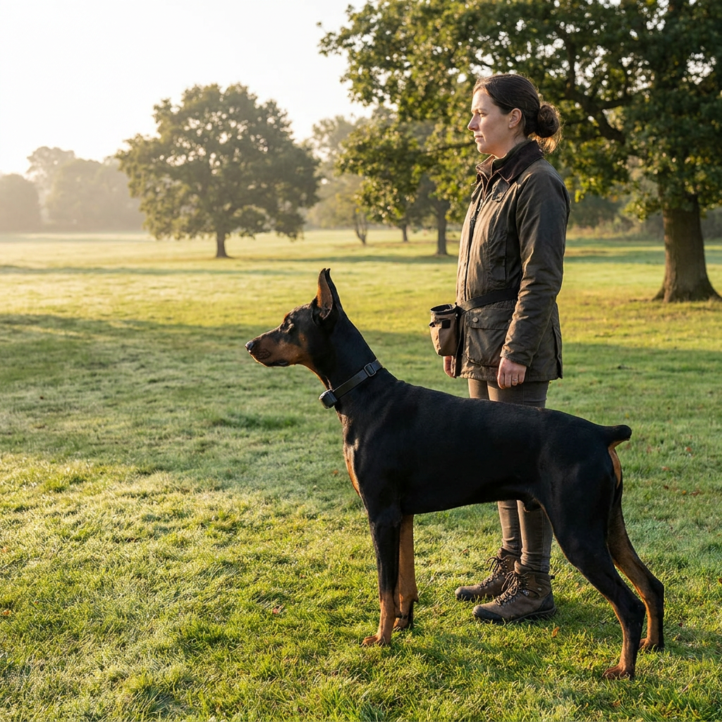 Doberman police dog standing alert beside handler during protection training - INVIROX