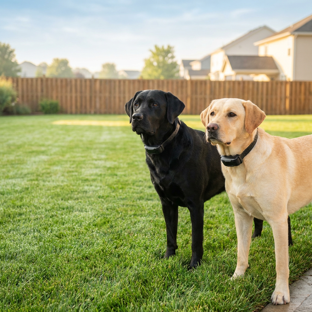 Best wireless dog fence for multiple dogs - two Labradors wearing collars in a backyard - INVIROX