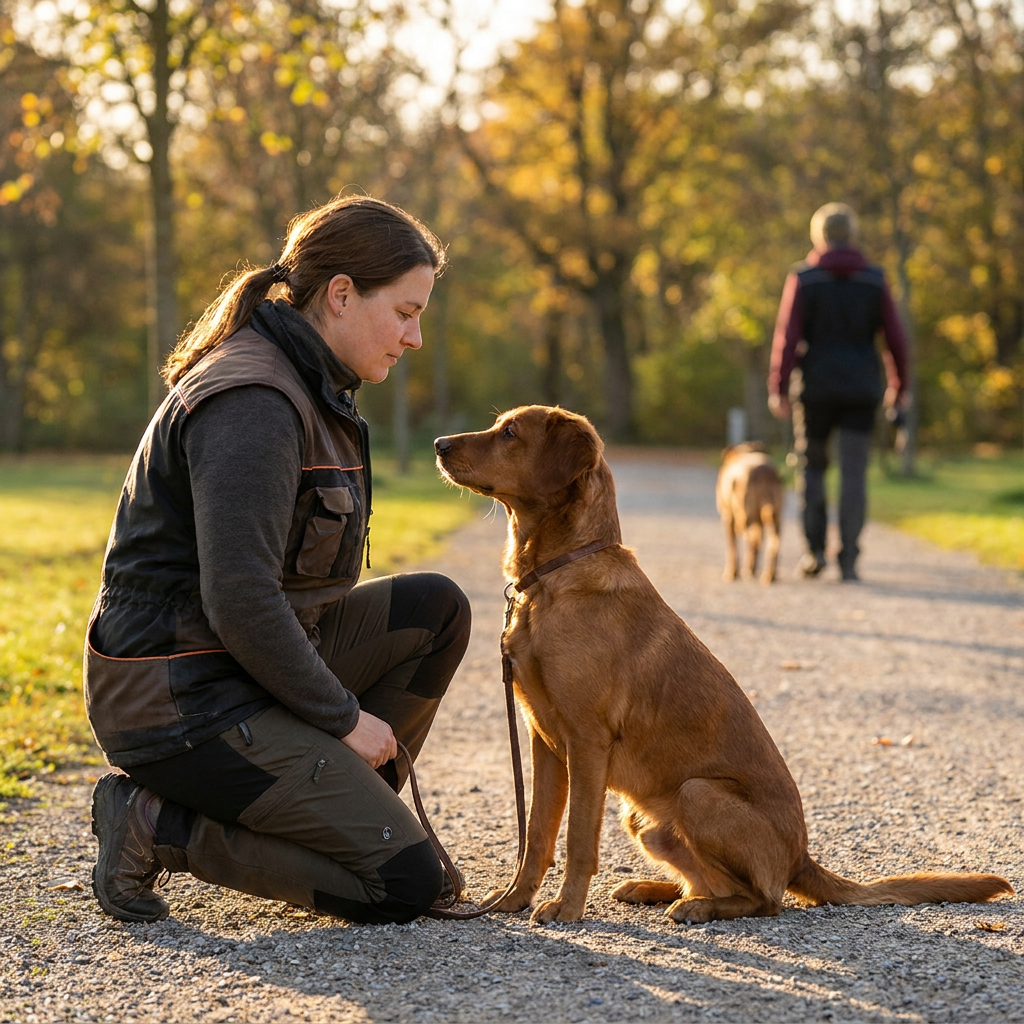 Dog making eye contact with owner during engage-disengage reactivity training