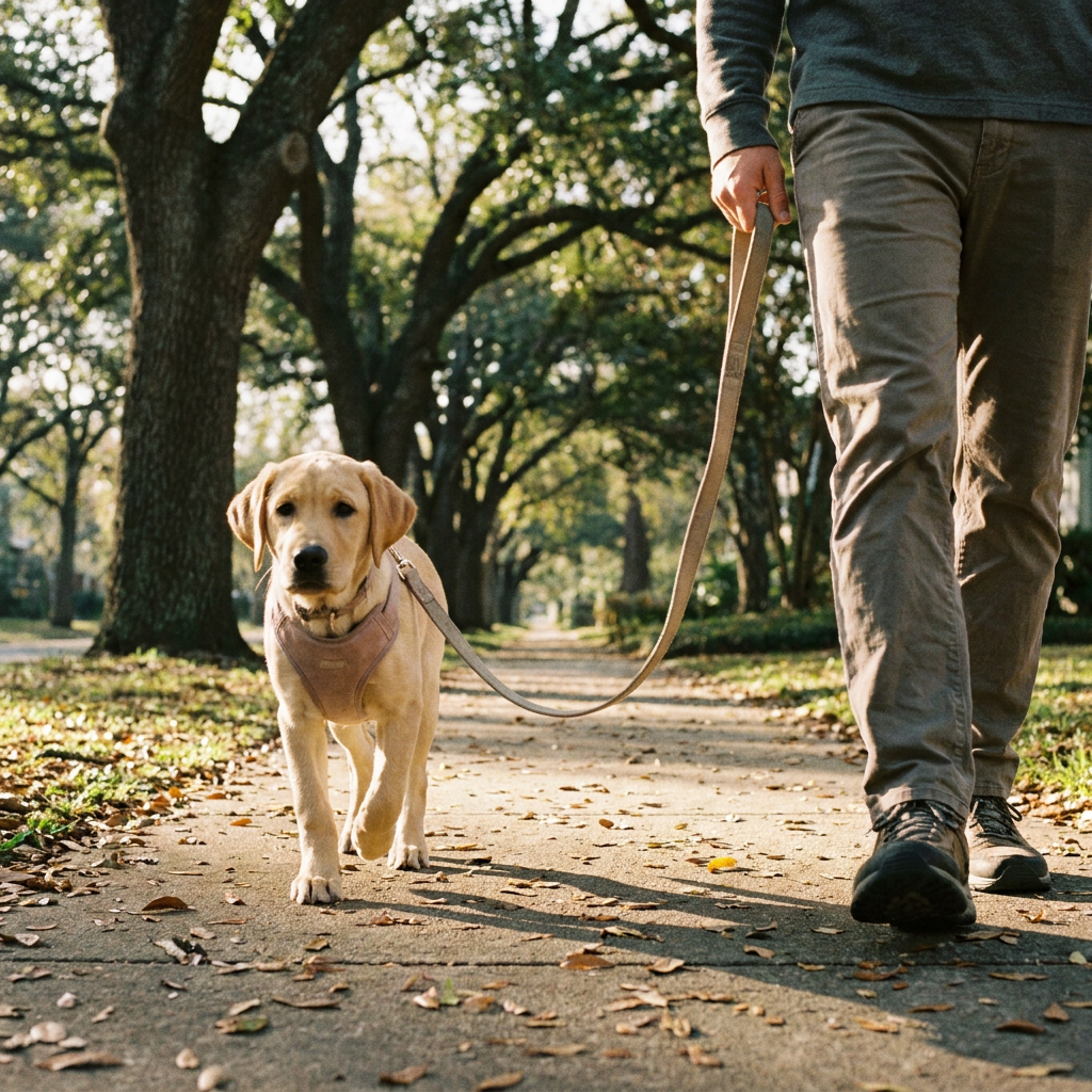 Labrador puppy walking calmly at heel on a loose leash