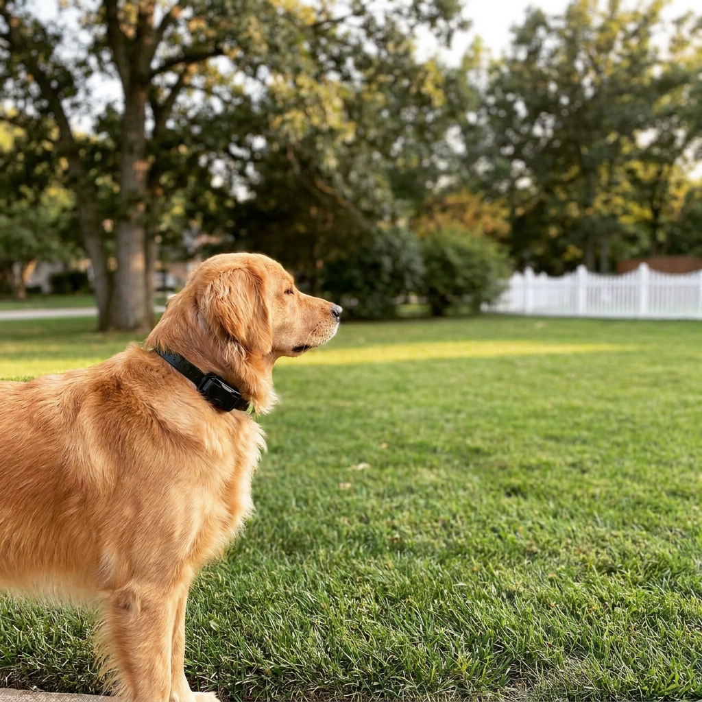Dog wearing wireless fence collar at the edge of a property boundary