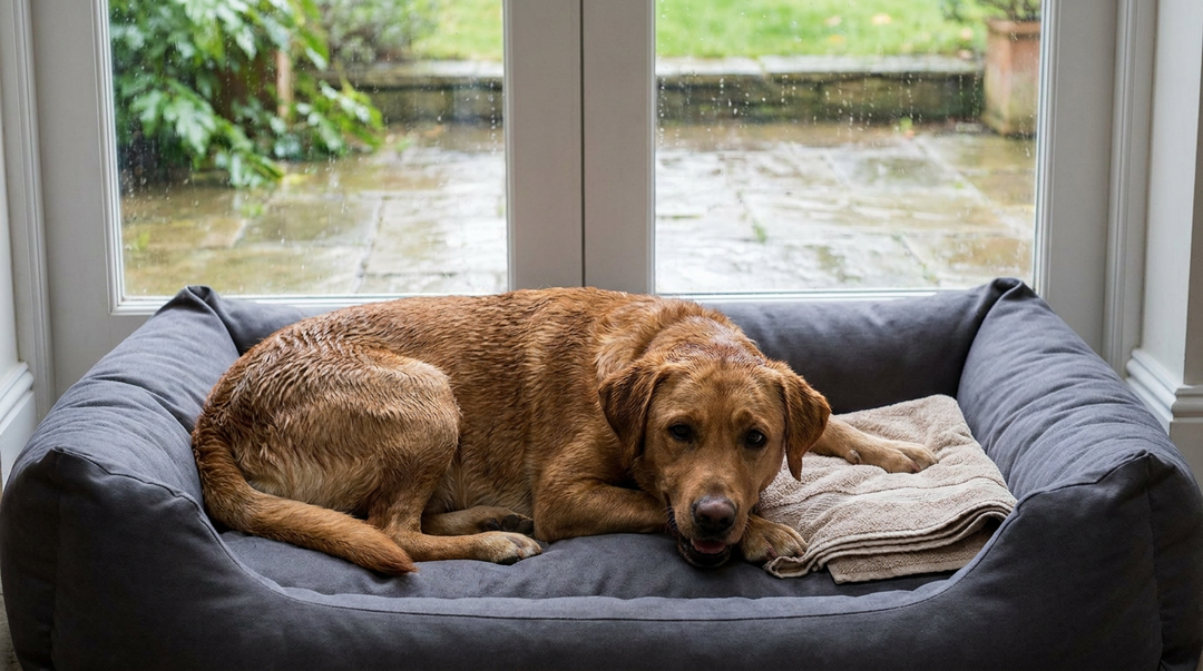 Labrador Retriever with a damp coat resting on a bolster dog bed by a back door on a rainy day