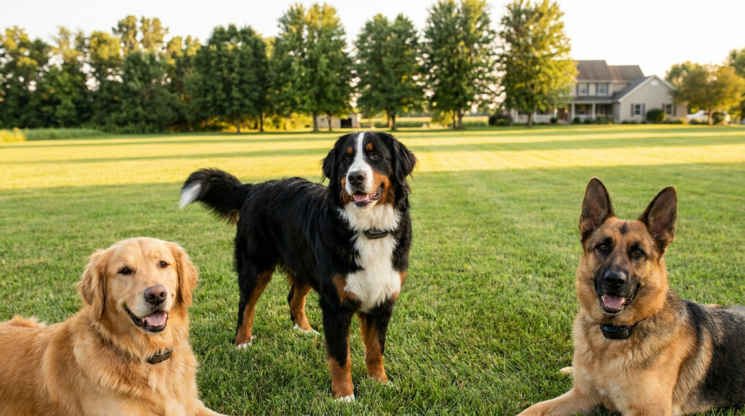 Three dogs wearing receiver collars on a lawn, wireless dog fence for 3 dogs