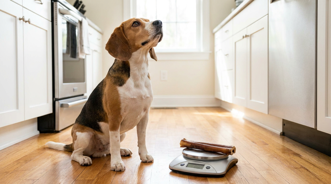 Beagle sitting next to a kitchen scale with a bully stick on it