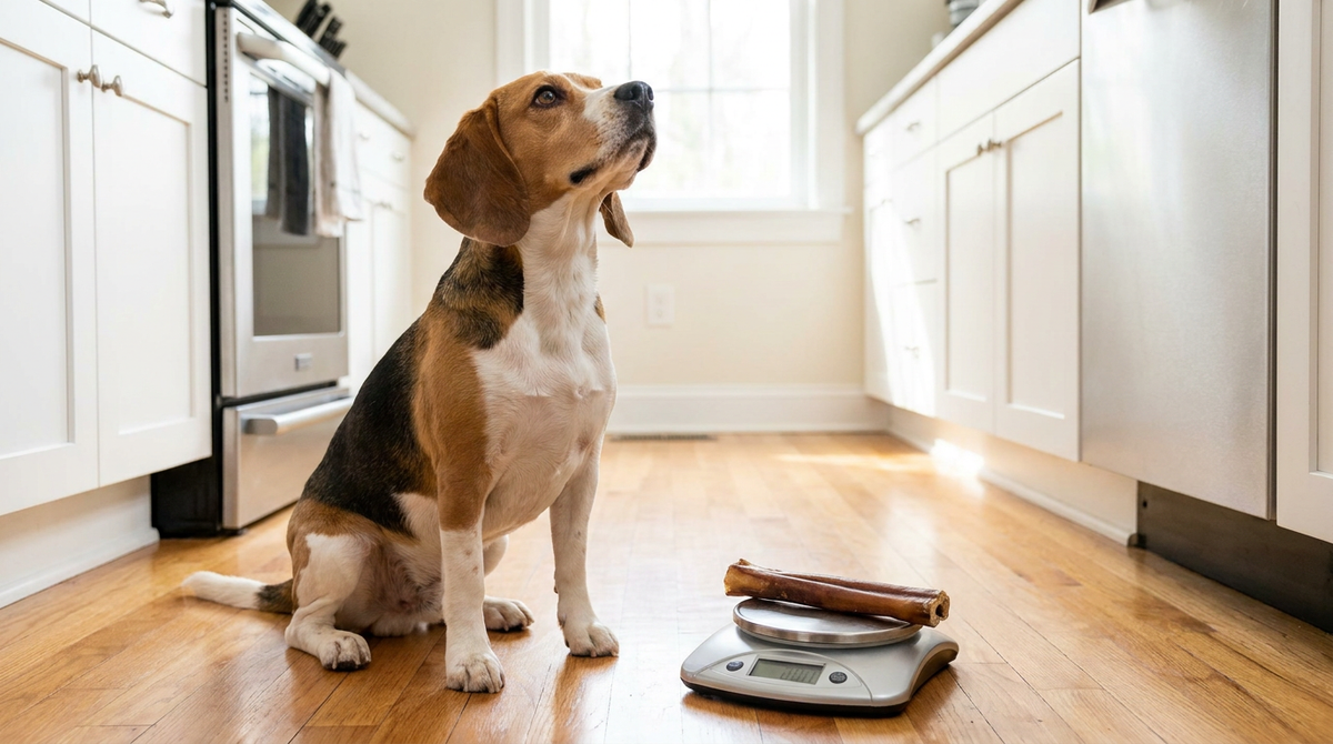 Beagle sitting next to a kitchen scale with a bully stick on it