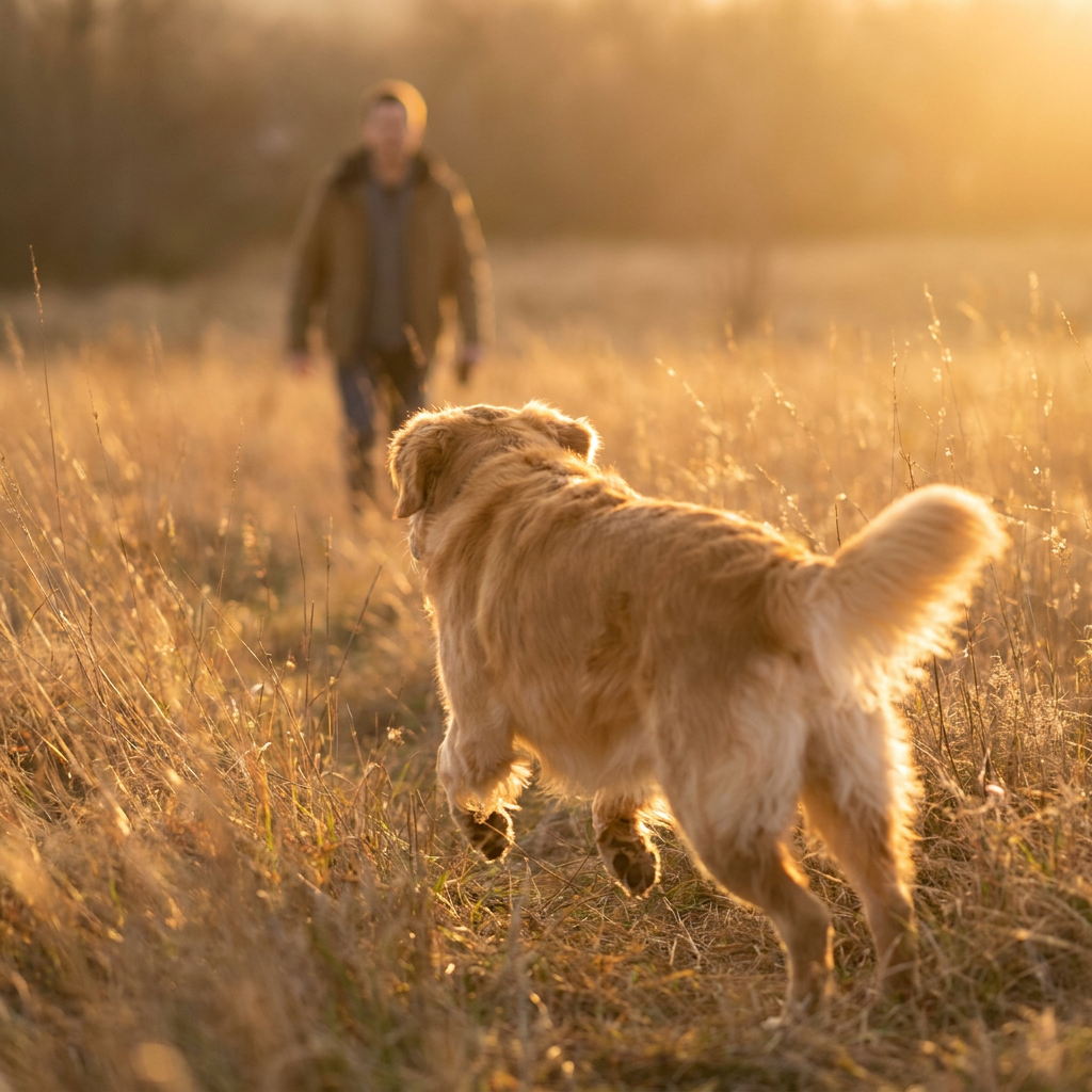 Off-leash dog sprinting back to its owner during e-collar recall training