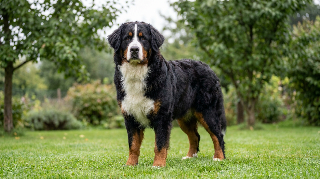 Bernese Mountain Dog with a thick double coat standing on grass