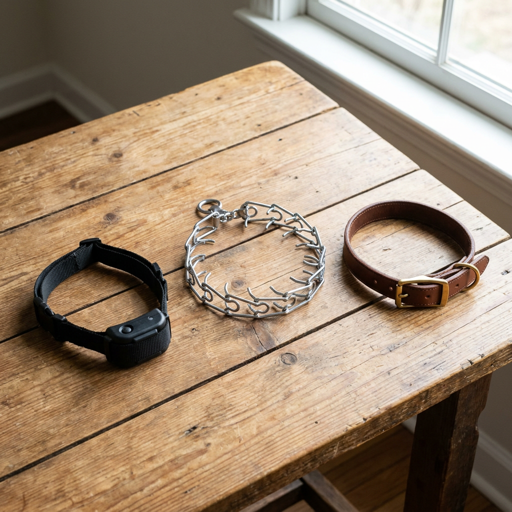 Comparison of e-collar, prong collar, and flat collar laid out on wooden surface