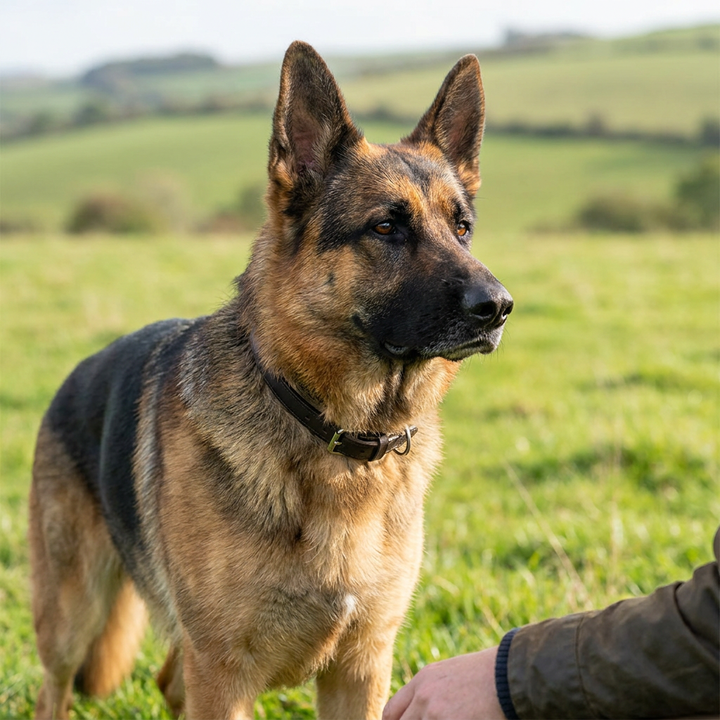 German Shepherd wearing a training collar in a field illustrating e collar vs vibration collar
