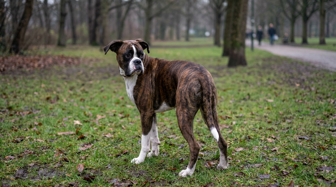 Boxer showing early stress signals with ears back and body turned