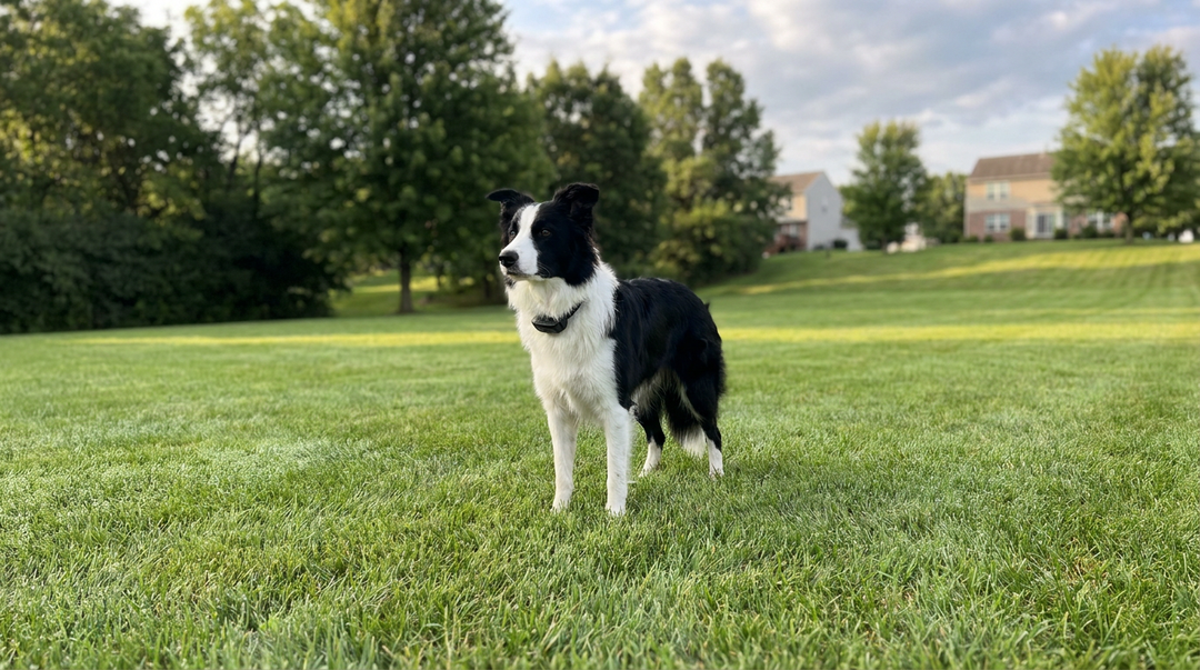Border Collie wearing a fenceless dog collar on an open lawn