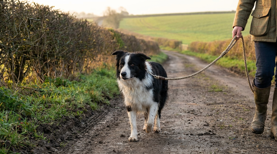 Border Collie walking calmly on a rope leash along a path