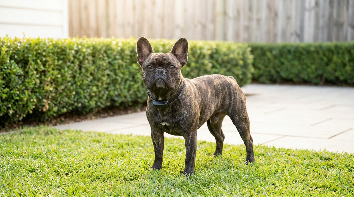 French Bulldog wearing a receiver collar in a small suburban yard