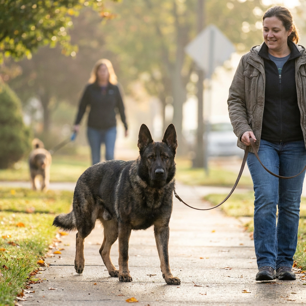 Owner managing dog aggression toward other dogs on a calm leashed walk - INVIROX