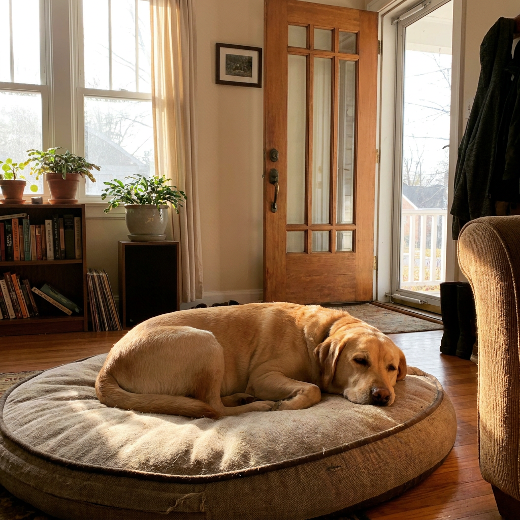 Dog separation anxiety training: a calm Labrador resting alone on its bed near the door - INVIROX