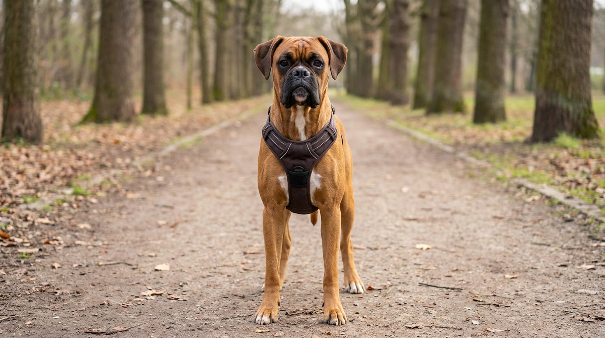 Boxer wearing a well-fitted harness on a path