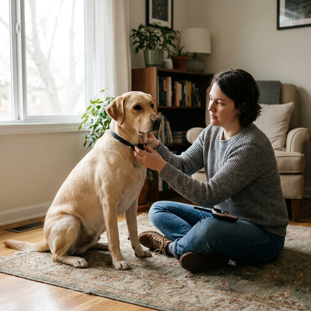 Owner following a dog training collar manual to set up an e-collar on a Labrador Retriever - INVIROX