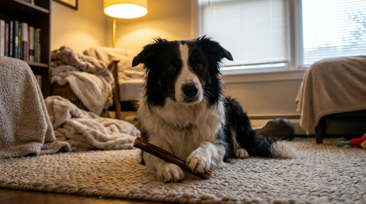 Border Collie lying on a mat holding a bully stick between its paws