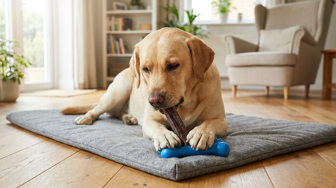Labrador Retriever chewing a bully stick held in a rubber holder on a mat