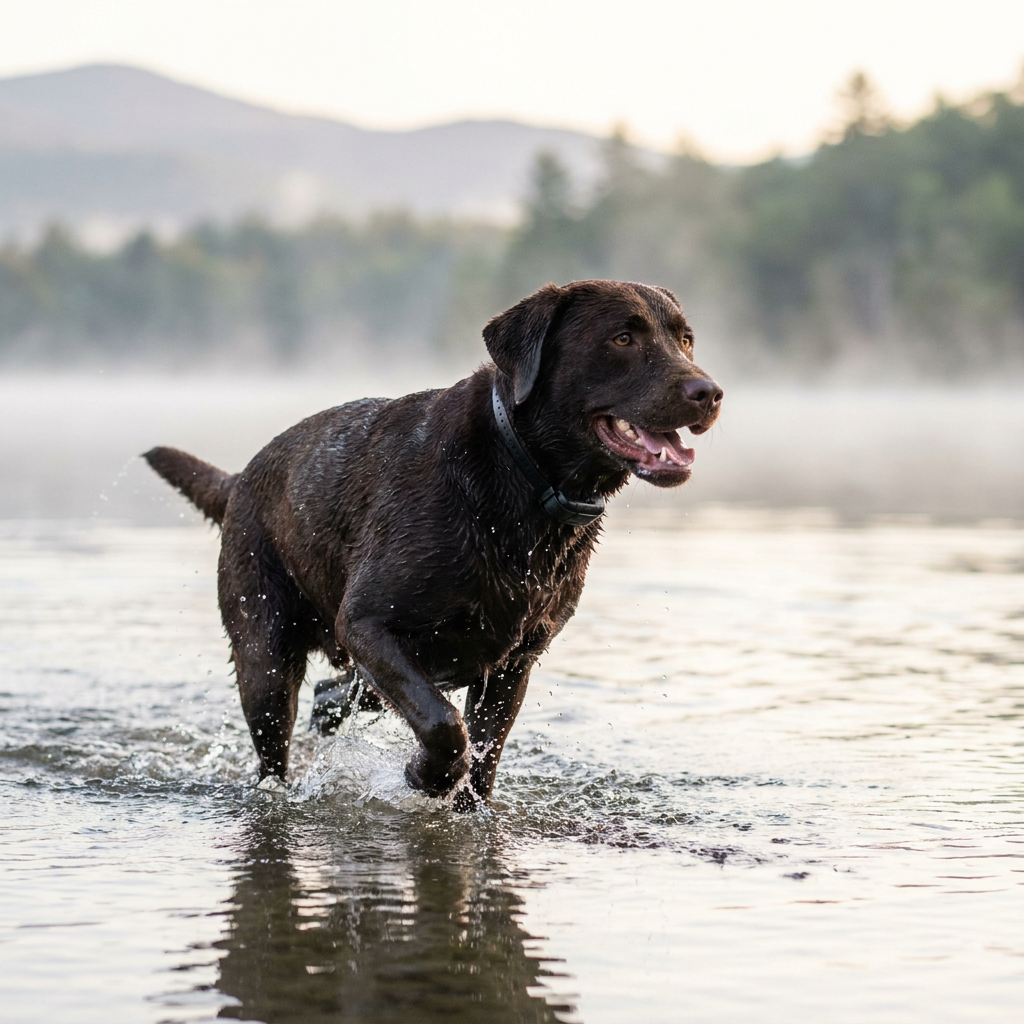 Labrador swimming in a lake wearing a waterproof e collar for dogs - INVIROX DOG TRAINING GEAR