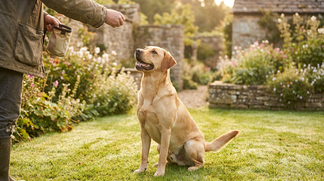 Labrador sitting attentively during a training session with a treat pouch