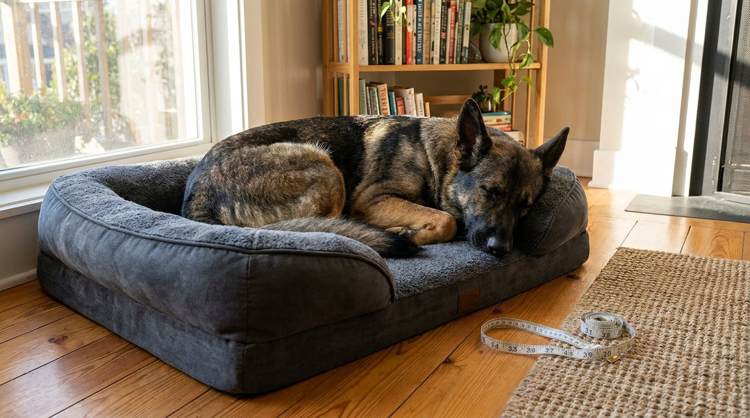 German Shepherd curled on a large bolster dog bed with a tape measure on the floor beside it
