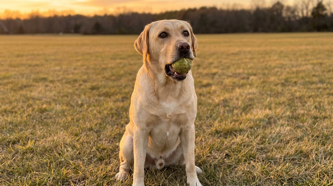 Labrador Retriever sitting attentively holding a ball