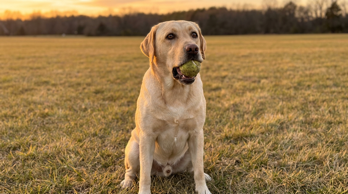 Labrador Retriever sitting attentively holding a ball