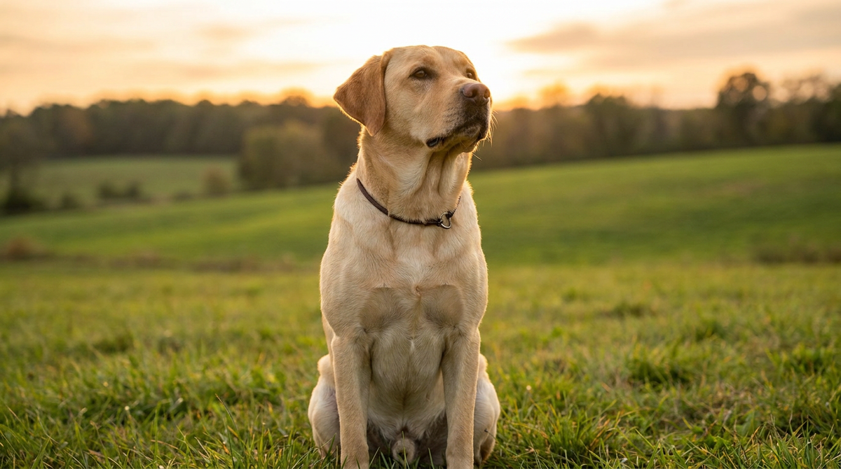 Labrador Retriever wearing a training collar in a field