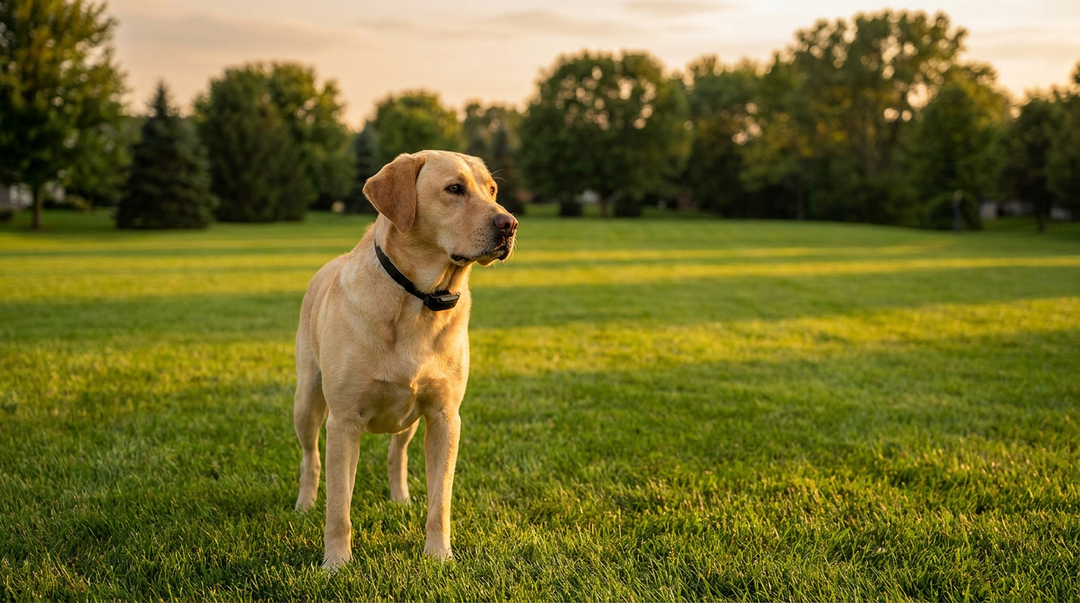 Labrador Retriever wearing a receiver collar at the edge of a yard, wireless dog fence system setup