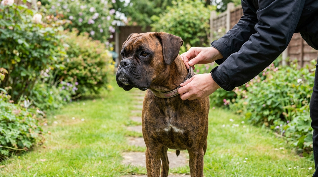 Checking the contact points of a training collar on a Boxer