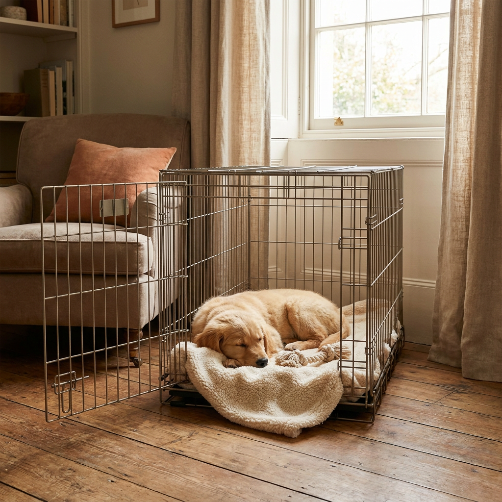 Golden retriever puppy resting peacefully in a crate during crate training