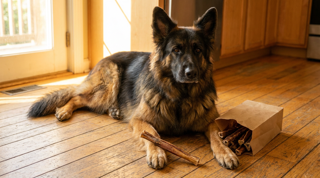 German Shepherd lying on a kitchen floor beside an open bag of bully sticks