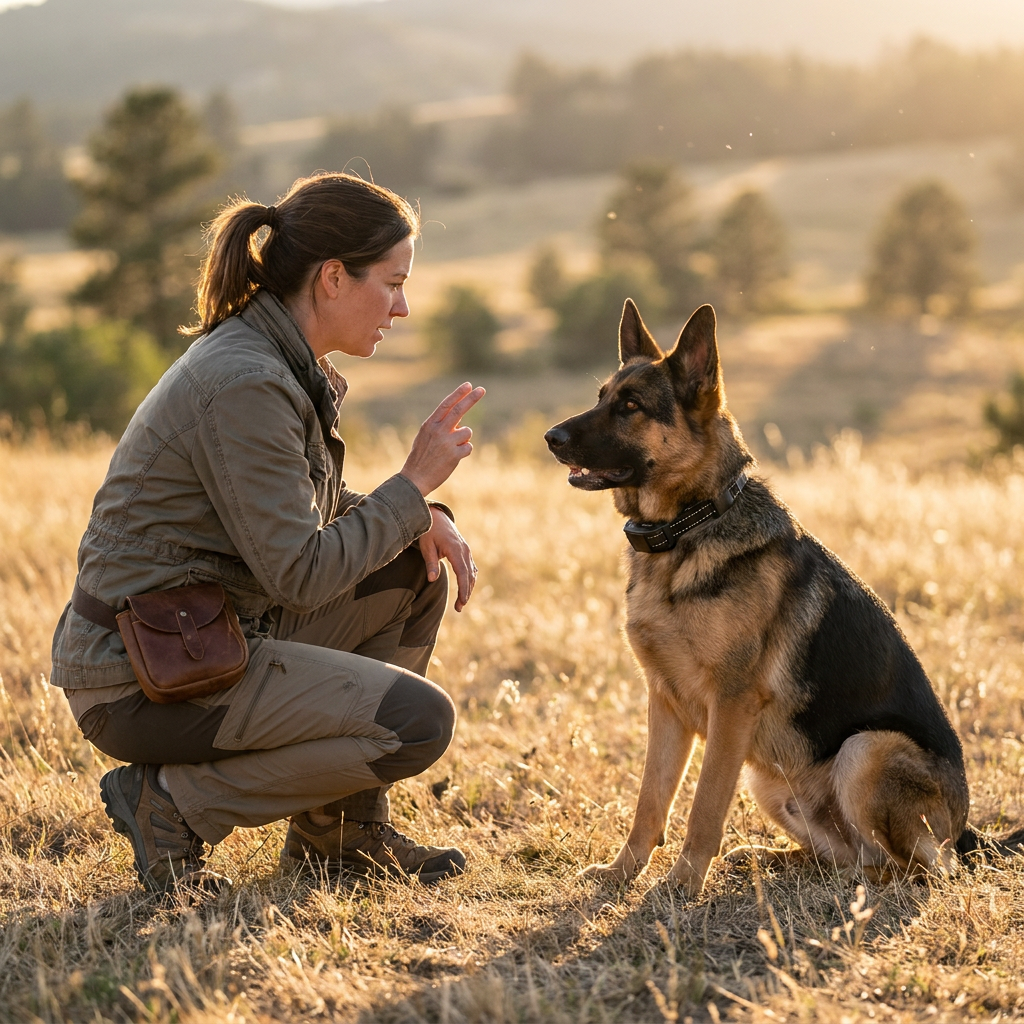 Professional dog trainer working with a German Shepherd using an e-collar at golden hour