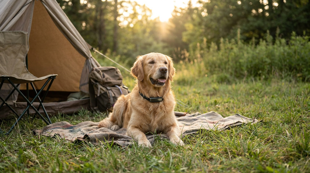 Golden Retriever wearing a GPS collar at a campsite, portable invisible dog fence