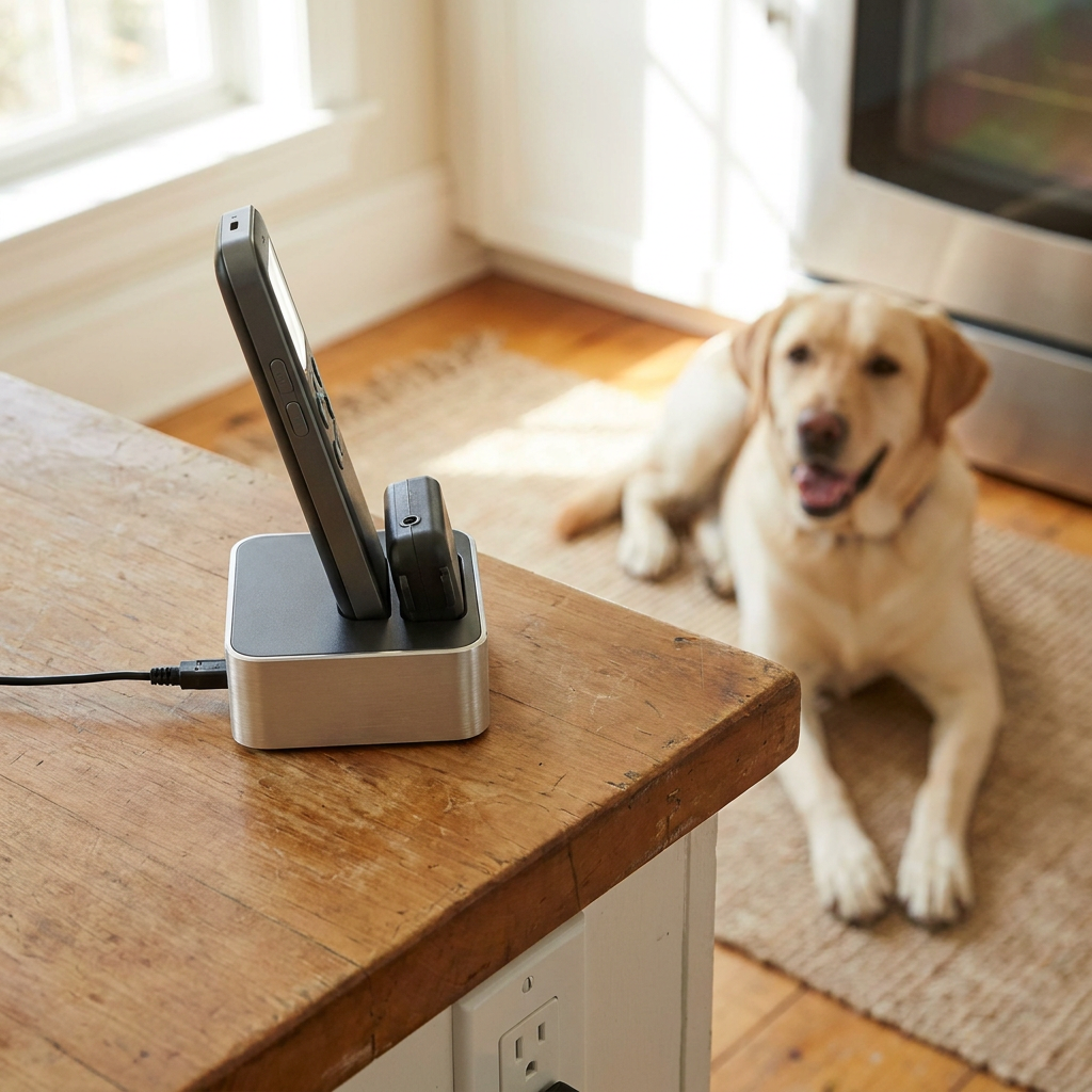 Rechargeable e collar on a charging dock showing e collar battery life and charging - INVIROX DOG TRAINING GEAR