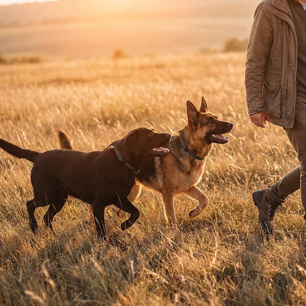Best shock collar for 2 dogs: two dogs walking off-leash together wearing INVIROX e-collars