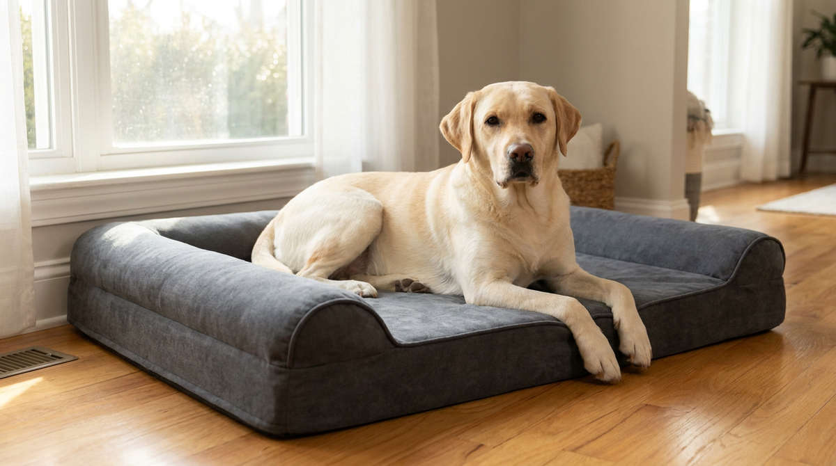 Labrador Retriever resting on a thick foam dog bed with a bolster on a wooden floor