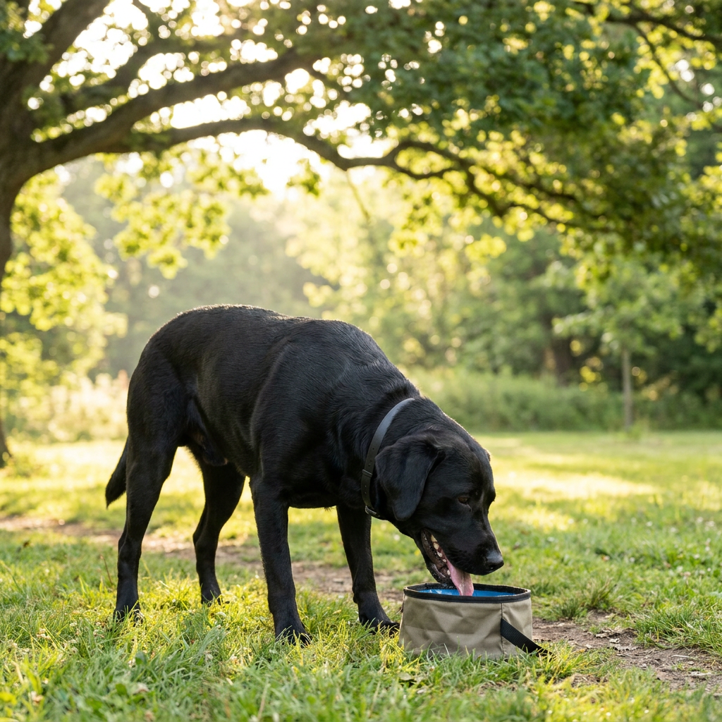 Dog heat safety in summer: a Labrador cooling off with water in the shade wearing an e-collar