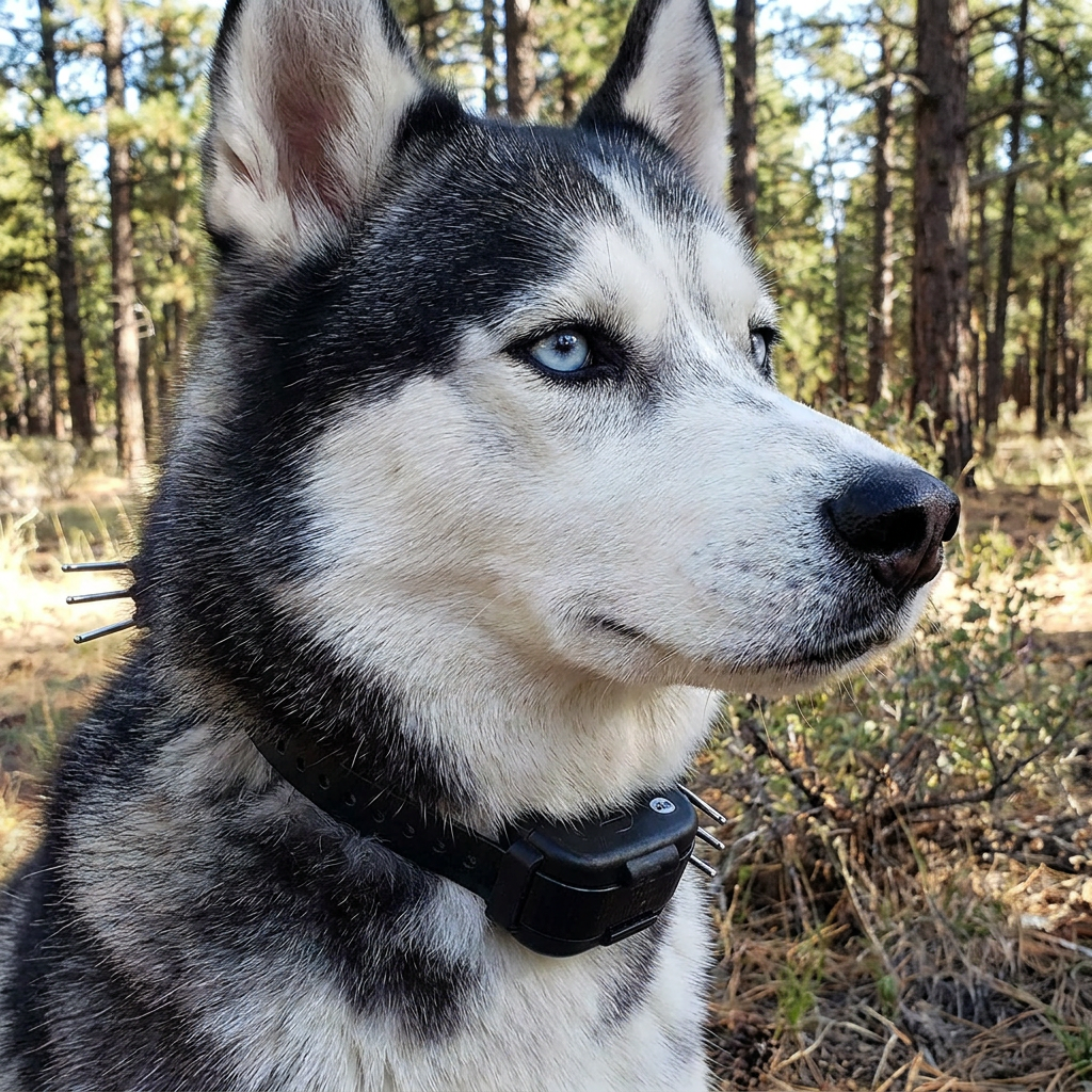 Husky with thick double coat wearing a properly fitted e-collar