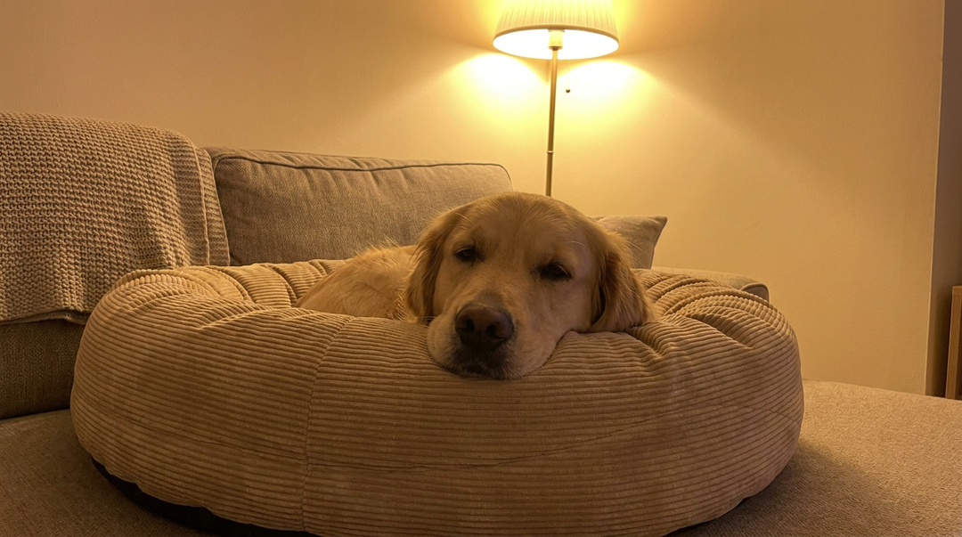 Golden Retriever resting its head on the bolster of a couch-style dog bed next to a sofa