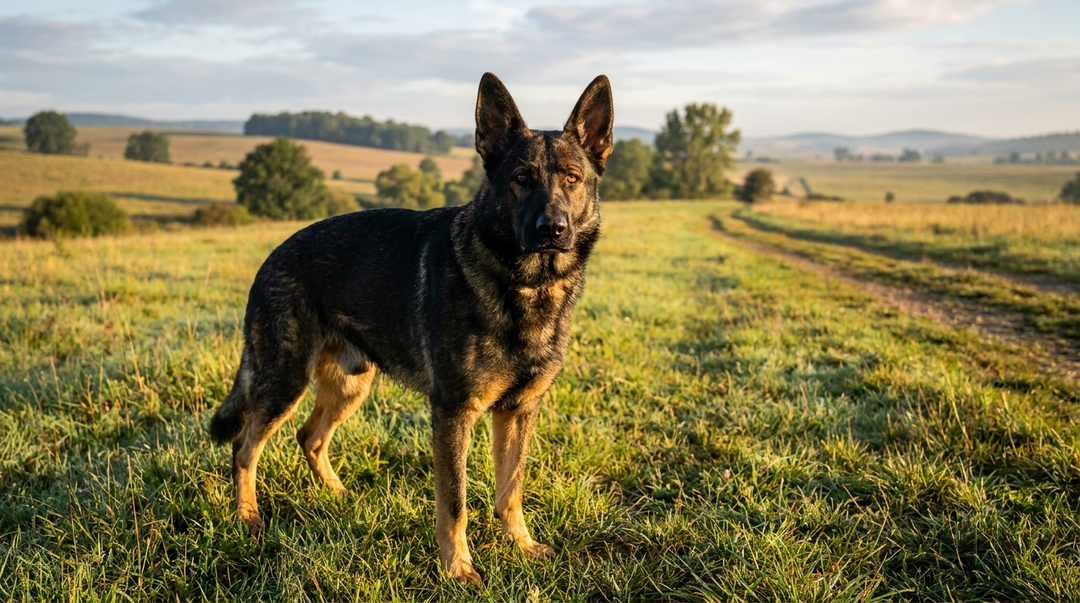 German Shepherd standing alert on a field