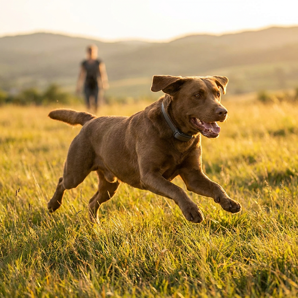 Why won't my dog come when called - Labrador running back to owner across a meadow wearing an e-collar - INVIROX