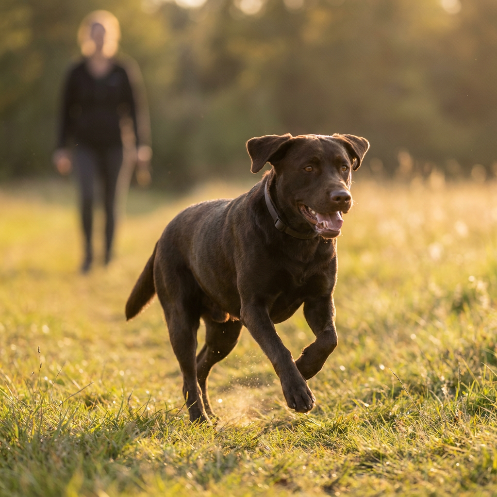 Dog responding to an emergency recall command, sprinting back to owner across a meadow - INVIROX